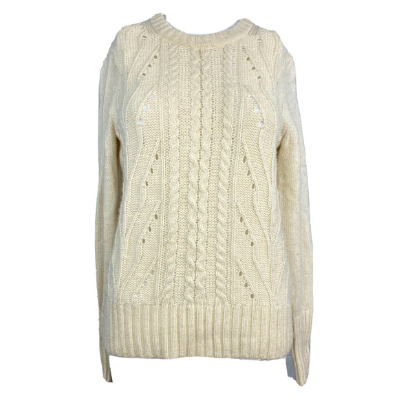 J. Crew Sweater Womens‎ Sz XS Ivory Lambs Wool Cable Knit Fisherman Pullover - Picture 1 of 8